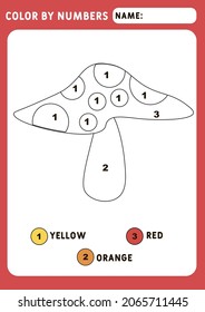 Coloring page with fly agaric. Color by numbers educational children game, drawing kids activity. Illustration and vector outline - A4 paper ready to print.