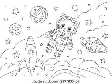 Coloring page with flying astronaut cat and planets in space. Hand drawn vector contoured black and white illustration. Design template for kids coloring book, poster or postcard.