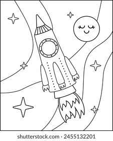 Coloring page. Flying rocket with fire in turbine. Black and white rocket in space. Color me. Isolated vector illustration eps