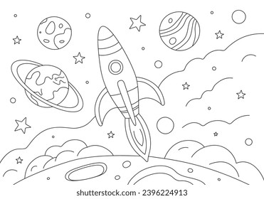 Página de coloreado con cohete volador y planetas en el espacio. El vector dibujado a mano representa la ilustración en blanco y negro. Plantilla de diseño para niños coloreando libros, afiches o postales.