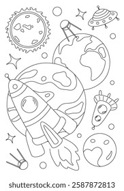 Coloring page with flying rockets and spaceships between planets. Vector template for children's coloring book, print and poster.