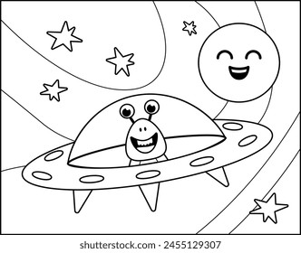 Coloring page. Flying saucer in space. Black and white ufo. Color me. Isolated vector illustration eps 10