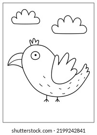Coloring page with a flying spooky bird. Kids print with a crow for coloring book. Vector illustration