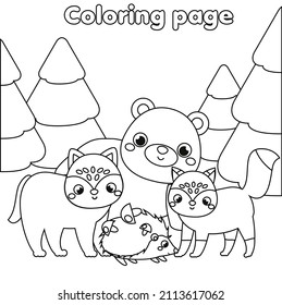 Coloring page with forest animals. Drawing kids activity. Printable fun for toddlers and children