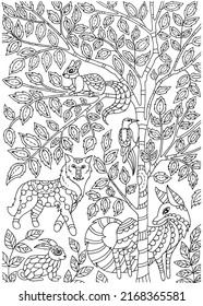 Colorear página con animales del bosque. Ilustración vectorial en un estilo de línea