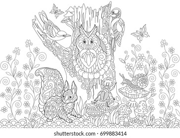 Coloring page of forest creatures: owl, cuckoo bird, woodpecker, squirrel, snail, stag beetle, butterflies. Freehand sketch drawing for adult antistress coloring book in zentangle style.