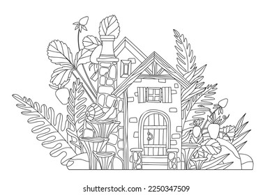 
Coloring page forest house in berries and wild plants in cartoon style. Linear vector illustration for coloring book. Forest house and plants.