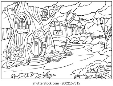 Coloring page forest tree house. Children coloring book with drawing fairies landscape. Kids vector illustration.