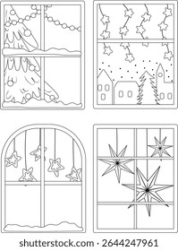 Coloring page with four windows decorated for Christmas. Christmas coloring page