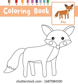 Coloring page of Fox animals cartoon character for preschool kids activity educational worksheet. Vector Illustration.