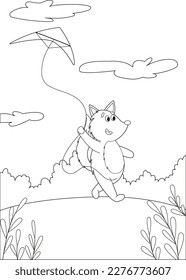 Coloring page with a fox and a kite