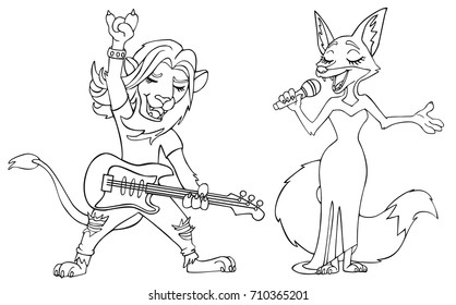  Coloring page. Fox and lion isolated on white background. Vector illustration.