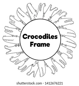 Coloring page frame with funny crocodiles. Black and white template with place for your text. Vector illustration