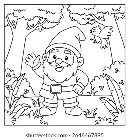 coloring page of friendly dwarf cartoon waving in the forest