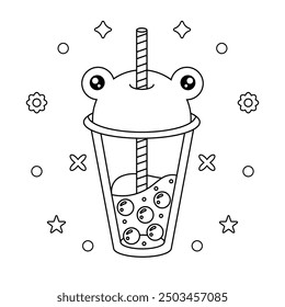 coloring page of frog shaped cup with bubble tea with different elements for coloring in black and white