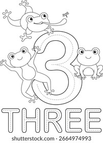 Página para colorear Ranas y número tres
