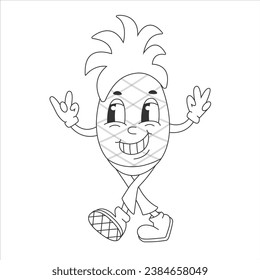 Coloring page with Fruit Funny Retro Groovy Cartoon Hippie Character. Comic Pineapple Character on white background. Groovy Summer Vector Illustration. Sweet Juicy Fresh Fruit.