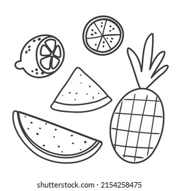 Coloring page with fruit, pineapple, watermelon and lime on white background. Summer time black and white contour vector illustration for a coloring book.