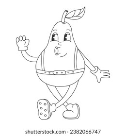 Coloring page with Fruit Retro Groovy Cartoon Hippie Character. Comic Pear Character on transparent background. Groovy Summer Vector Illustration. Sweet Juicy Fresh Fruit