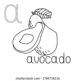 Página de coloreo fruta y verdura ABC, Carta A - aguacate, tarjeta de colorante educada para la creatividad