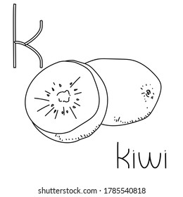 Coloring page fruit and vegetable ABC, Letter K - kiwi, educated coloring card for creativity