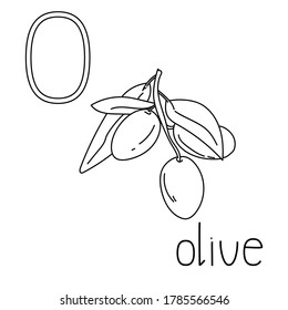 página de color fruta y verdura ABC, carta O - oliva, carta de colorante educada para la creatividad