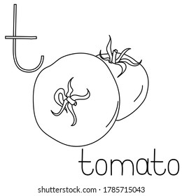 Coloring page fruit and vegetable ABC, Letter T - tomato, educated coloring card for creativity