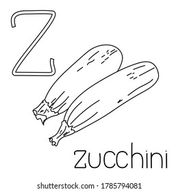 Color de página fruta y verdura ABC, Letra Z - zucchini, tarjeta de colorante educada para la creatividad