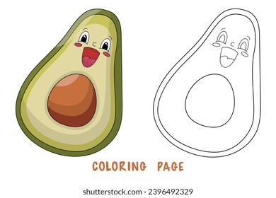 Coloring page of funky cute avocado for design element. Bright colorful children's illustration in cartoon style. Сhildren's coloring book with color example.