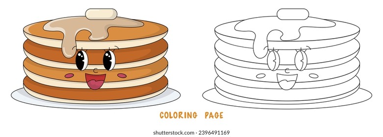 Coloring page of funky cute pancakes for design element. Bright colorful children's illustration in cartoon style. Сhildren's coloring book with color example.