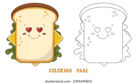 Coloring page of funky cute sandwich for breakfast for design element. Bright colorful children's illustration in cartoon style. Сhildren's coloring book with color example.