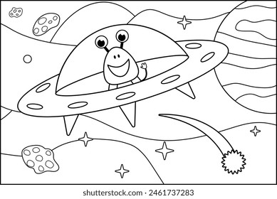 Coloring page. Funny alien in flying saucer. Black and white space. Color me. Isolated vector illustration eps 10