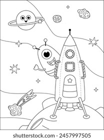 Coloring page. Funny alien on rocket. Black and white space. Color me. Isolated vector illustration eps 10