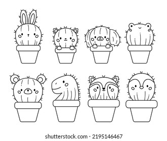 Página de coloreo con cactus graciosos en macetas de flores. Cactus en forma de animales. Conejo Kawaii, gato, perro, rana, oso, dinosaurio, mapache y ave. Plantas de doodle de dibujos animados. Libro de colorear. Ilustración del vector