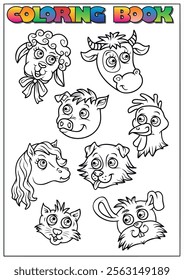 Coloring page with funny cartoon farm and domestic animal heads, perfect for children's activities.