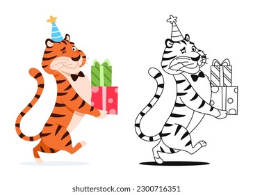 Coloring page. Funny cartoon tiger with Birthday present on white background. Cute animal character for kids preschool activity. Black and white outline sketch design Coloring book vector illustration