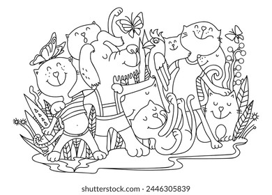 Dibujo para colorear con gatos y perros divertidos. Libro para colorear para niños. Vector dibujado a mano. Ilustración vectorial de dibujo animado.