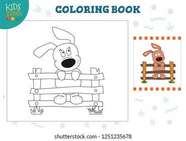 Coloring page with funny dog vector illustration. Preschool kids activity for playful learning with drawing and colouring outline cartoon character 
