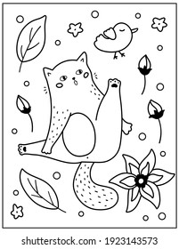Coloring page with funny doodle cat, bird and flowers. Vector outline illustration. Hand drawn cartoon character.