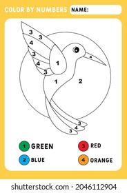 Coloring page with Funny little hummingbird. Color by numbers educational children game, drawing kids activity. Animals theme. Illustration and vector outline - A4 paper ready to print.