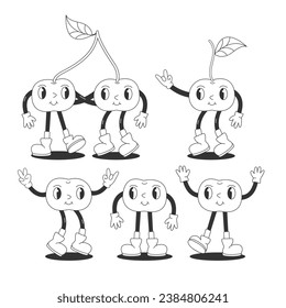 Coloring Page with Funny Retro Groovy Cartoon Hippie Berry Characters. Comic Cherries Set. Groovy Summer Vector Illustration. 90s Sweet Juicy Fresh Fruits