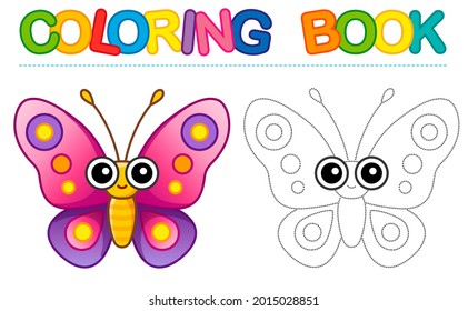 Coloring page funny smiling butterfly insect. Educational tracing coloring book for childrens activity