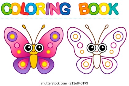 Coloring page funny smiling butterfly insect. Vector coloring book for childrens activity