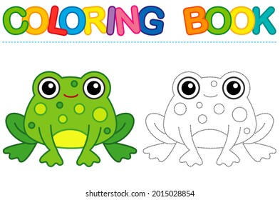 La página de colorear es una graciosa rana de dibujos animados verde sonriente. Libro de seguimiento educativo para la actividad infantil