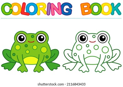 Coloring page funny smiling green cartoon frog. Vector coloring book for childrens activity