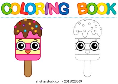 Coloring page funny smiling ice cream. Educational tracing coloring book for childrens activity