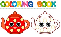 Coloring Page Funny Smiling Red Teapot. Vector Coloring Book For Childrens Activity