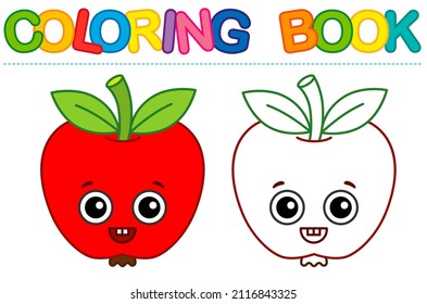 La página de colorear es una divertida sonriente Apple roja. Libro de coloración de vectores para la actividad infantil