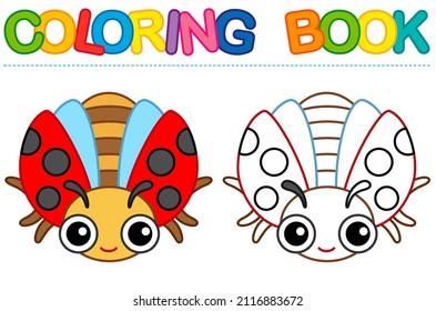 Coloring page funny smiling red ladybug insect. Vector coloring book for childrens activity