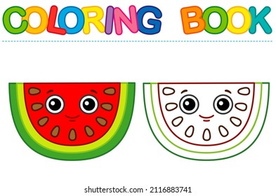 Farbige Seite lustig lächelnd roten Wassermelone. Vektorfarbbuch für die Aktivität von Kindern